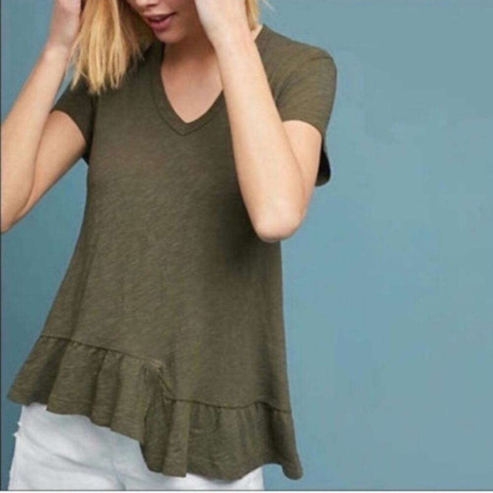 Anthropologie Left of Center Belmont Tie Back Peplum T Shirt XS Ruffle Slub Knit